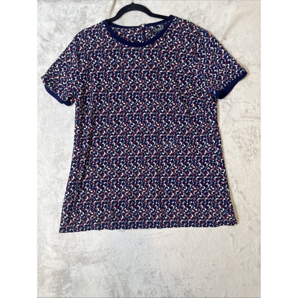 Lauren Ralph Lauren Women’s 2X Navy Geometric Print Short Sleeve Blouse Top